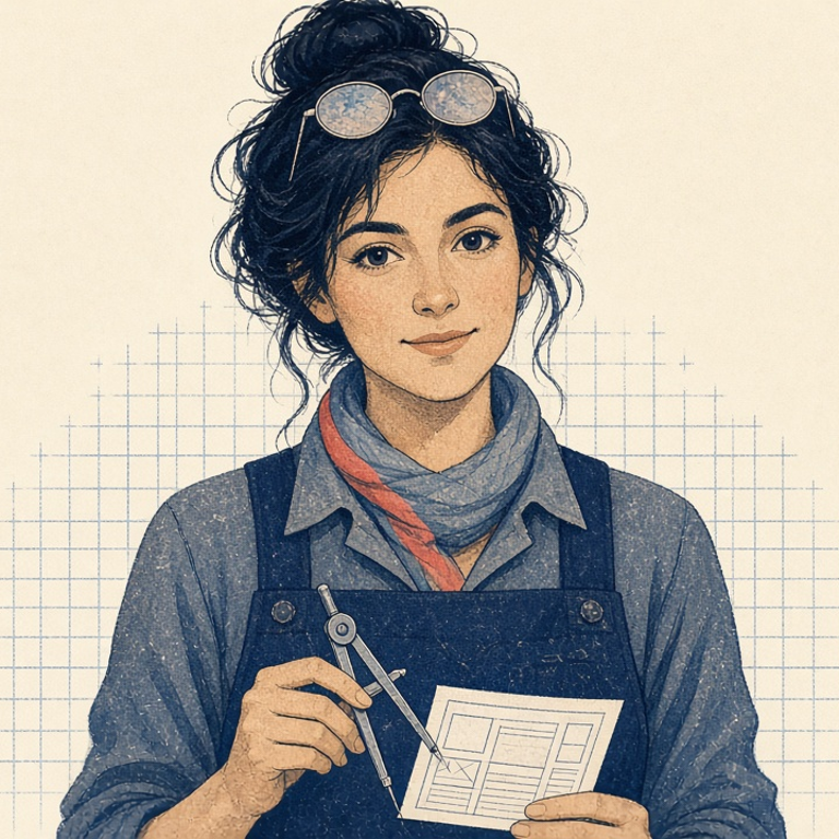 Illustrated portrait of Nora, a website restorer measuring a tiny wireframe with calipers